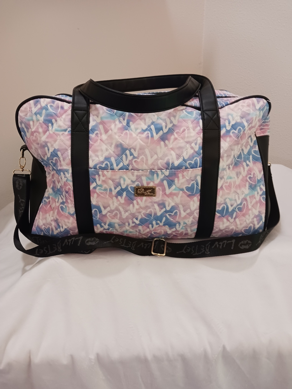 Betsey Johnson Pastel Heart-Print Quilted Travel Bag - Pink, Blue, White